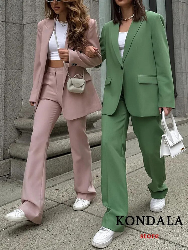 KONDALA 2023 Office Lady Solid női öltönyök 2 részes V nyakú, hosszú ujjú, túlméretezett blézer+magas derekú, széles szárú nadrág Vintage szettek
