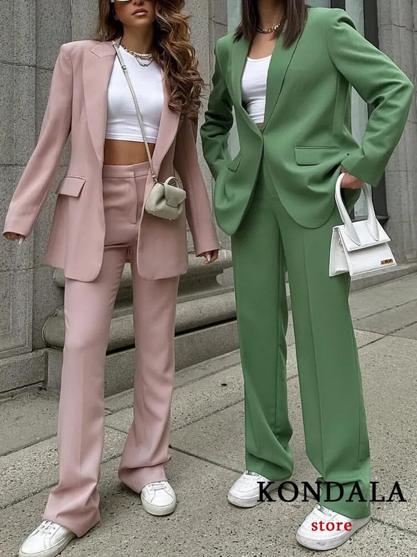 KONDALA 2023 Office Lady Solid női öltönyök 2 részes V nyakú, hosszú ujjú, túlméretezett blézer+magas derekú, széles szárú nadrág Vintage szettek
