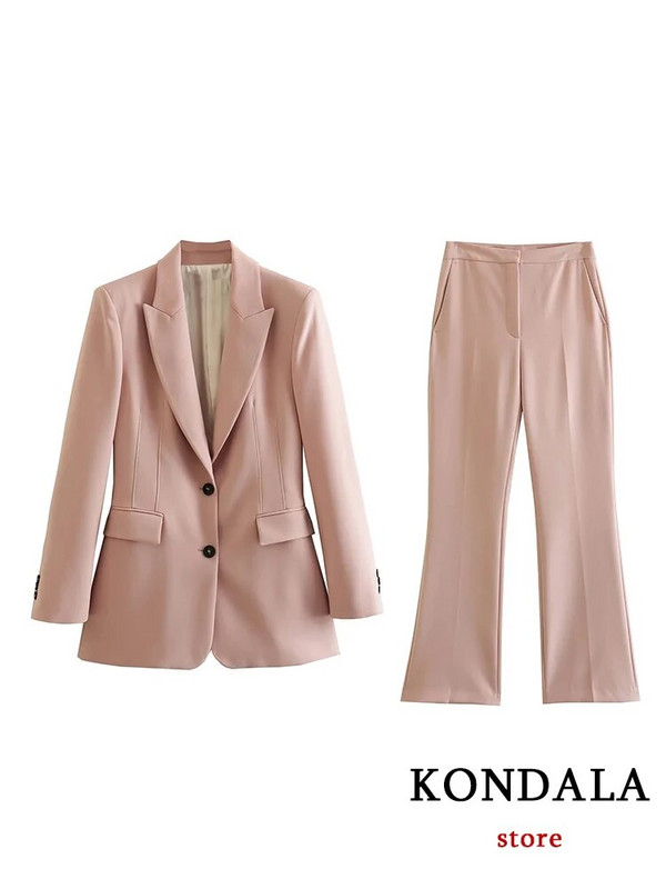 KONDALA 2023 Office Lady Solid női öltönyök 2 részes V nyakú, hosszú ujjú, túlméretezett blézer+magas derekú, széles szárú nadrág Vintage szettek