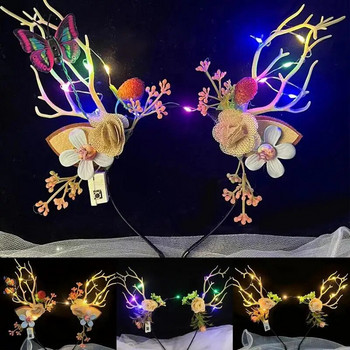 Коледна лента за глава с еленови рога Светеща щипка за коса с пеперуда и цветя Фея Аксесоари за цветя за Коледа Ново