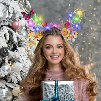 Коледна лента за глава с еленови рога Светеща щипка за коса с пеперуда и цветя Фея Аксесоари за цветя за Коледа Ново
