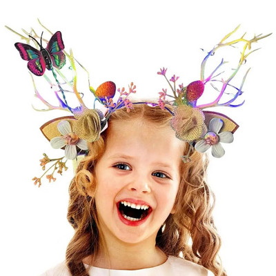 Božićna traka za glavu od rogova Svjetleća kopča za kosu sa sobovima s leptirom i cvijećem Vilinski cvjetni dodaci za Božić Novo