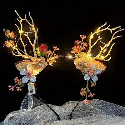Božićna traka za glavu od rogova Svjetleća kopča za kosu sa sobovima s leptirom i cvijećem Vilinski cvjetni dodaci za Božić Novo