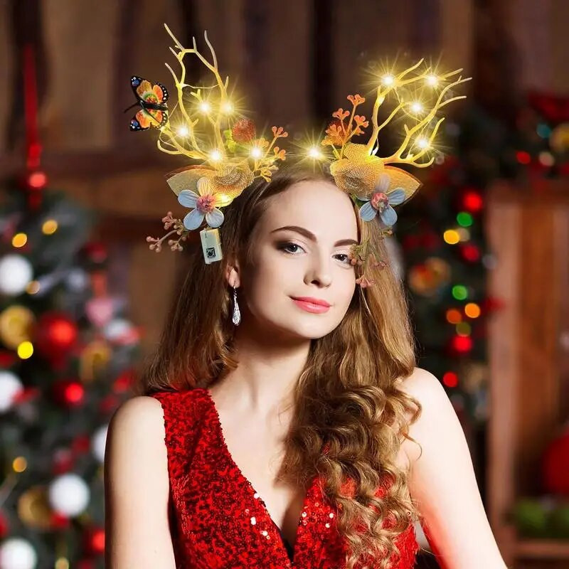 Božićna traka za glavu od rogova Svjetleća kopča za kosu sa sobovima s leptirom i cvijećem Vilinski cvjetni dodaci za Božić Novo