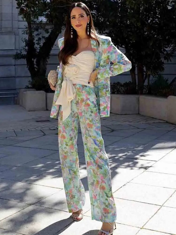 TRAF női öltöny nadrág szett női 2 darabos új divat virágos nyomtatott iroda blézerkabát női nadrág szett 2023 tavaszi női öltönyök