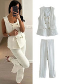 TRAF új női tömör mellény blézer öltöny szett 2023 tavaszi duplasoros ujjatlan dzsekik oldalsó cipzáras ceruza nadrág