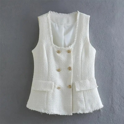 TRAF új női tömör mellény blézer öltöny szett 2023 tavaszi duplasoros ujjatlan dzsekik oldalsó cipzáras ceruza nadrág