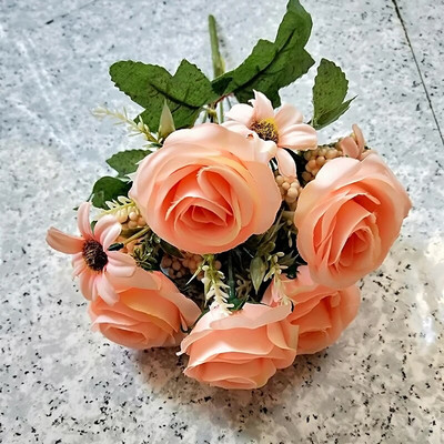 5 rozes 4 margrietiņas Mākslīgie ziedi Kāzu mājas rudens dekorēšana Augstas kvalitātes liels pušķis Luksusa viltus ziedu kompozīcijas lielapjoma