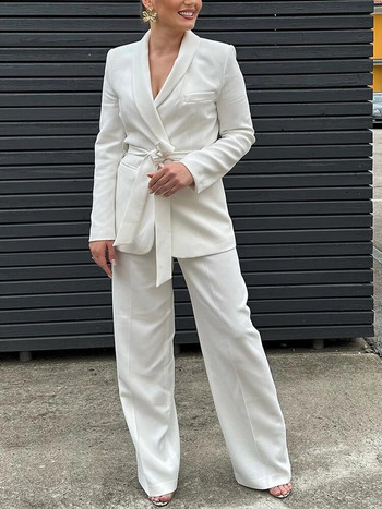Μόδα Lace Up Blazer Σετ παντελονιού Γυναικείο μακρυμάνικο σακάκι με V λαιμόκοψη με ζώνη 2023 Γυναικεία κοστούμια γραφείου Κομψή στολή