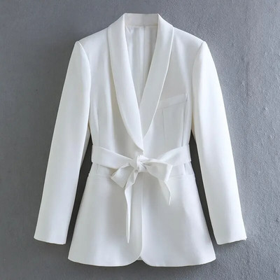 Modni sako na vezanje Kompleti dugih hlača Ženski sako dugih rukava s V-izrezom i remenom za visoke ulice 2023. Uredska odijela za žene Chic Outfit