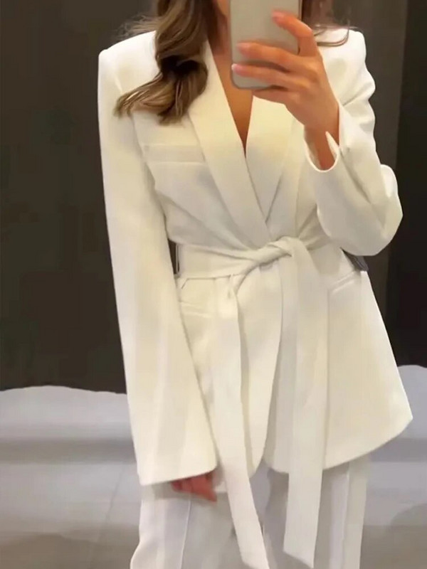 Modni sako na vezanje Kompleti dugih hlača Ženski sako dugih rukava s V-izrezom i remenom za visoke ulice 2023. Uredska odijela za žene Chic Outfit