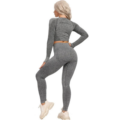 Bešavno odijelo za jogu, 2 dijela, sportske majice, kratki top, bešavne tajice, sportski set, odjeća za teretanu, fitness trenerka, set za vježbanje Femme