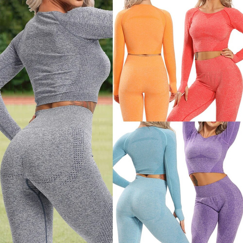 Bešavno odijelo za jogu, 2 dijela, sportske majice, kratki top, bešavne tajice, sportski set, odjeća za teretanu, fitness trenerka, set za vježbanje Femme
