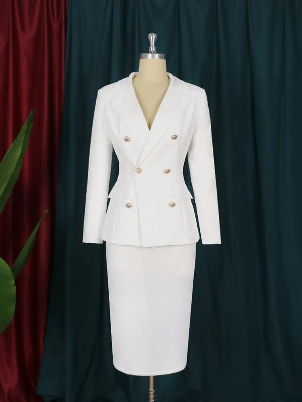 Femei Alb Formal Business Blazer Seturi de costum Jachetă cu 6 nasturi elegante Fuste până la genunchi Pantaloni largi Costume Casual Office Work