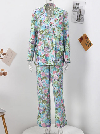 Σετ παντελονιών Floral κοστούμια για γυναίκες Μπλέιζερ μακρυμάνικο εμπριμέ γυναικείο κοστούμι 2 τεμαχίων ελαστικό παντελόνι μέσης 2023 Νέο σετ άνοιξη
