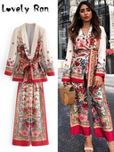 Retro, ziedu mežģīņu kostīmi sievietēm pavasara OL gadījuma jaka ar garām piedurknēm, platas bikses, divi gabali komplekti, sievišķīgs elegants apģērbs