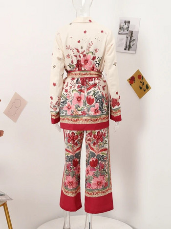 Ρετρό λουλούδι με κορδόνι μπλέιζερ κοστούμια για γυναίκες Άνοιξη OL casual μακρυμάνικο μπουφάν φαρδύ παντελόνι σετ δύο τεμαχίων Feamle Chic outfit