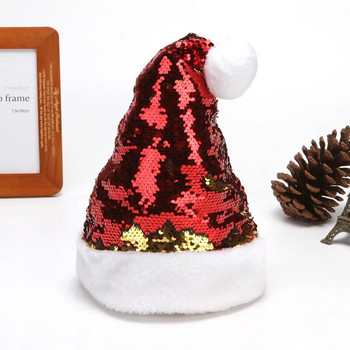 НОВО 30 см * 40 см къса плюшена коледна шапка с обръщащи се пайети Коледна бляскава коледна шапка с пайети Фестивална празнична украса