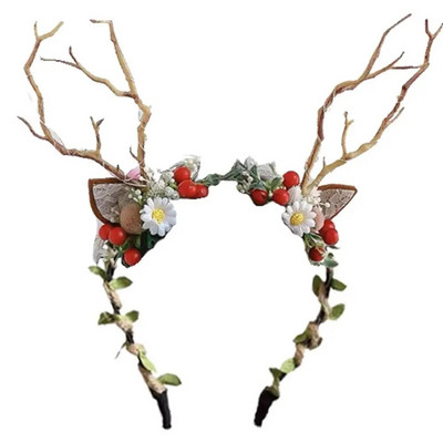 Traka za glavu s božićnim jelenom, podesiva traka za glavu s cvjetnim vijencem za djevojčice, ukras za glavu s cvjetnom krunom za Božić