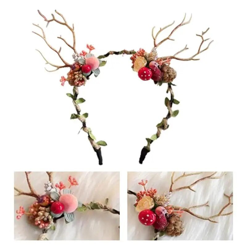 Traka za glavu s božićnim jelenom, podesiva traka za glavu s cvjetnim vijencem za djevojčice, ukras za glavu s cvjetnom krunom za Božić
