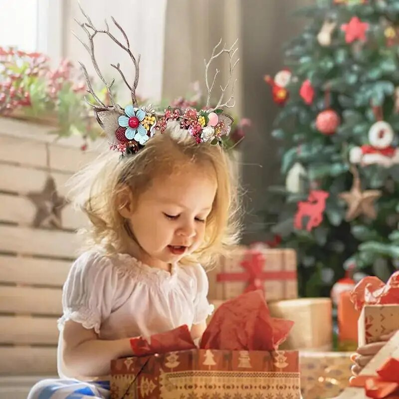 Traka za glavu s božićnim jelenom, podesiva traka za glavu s cvjetnim vijencem za djevojčice, ukras za glavu s cvjetnom krunom za Božić