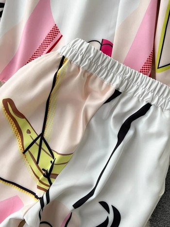 Retro Fashion Abstract Printing Blazer&Pants σετ δύο τεμαχίων Γυναικεία ρούχα Επαγγελματικά μακρυμάνικα παντελόνια κοστούμια γυναικεία
