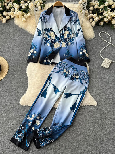 Retro modni dvodijelni sako i hlače s apstraktnim printom Ženska odjeća Profesionalna jakna dugih rukava Hlače Odijela Ženska