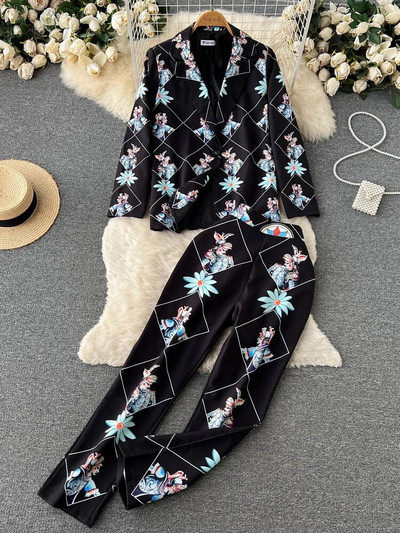 Retro modni dvodijelni sako i hlače s apstraktnim printom Ženska odjeća Profesionalna jakna dugih rukava Hlače Odijela Ženska