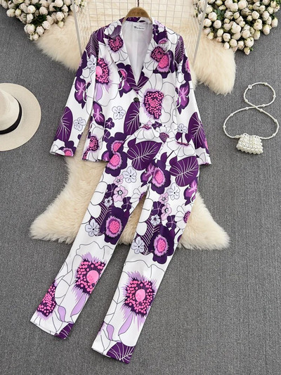 Retro modni dvodijelni sako i hlače s apstraktnim printom Ženska odjeća Profesionalna jakna dugih rukava Hlače Odijela Ženska