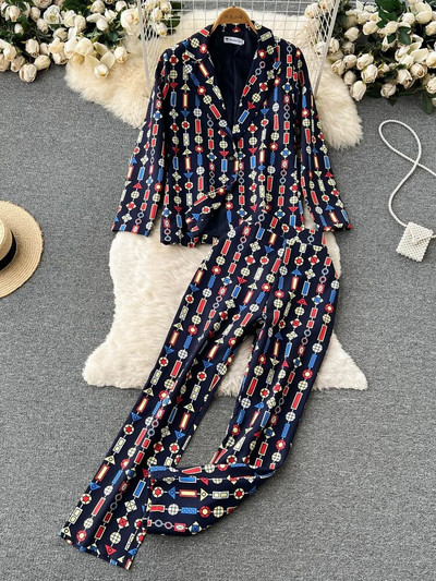 Retro modni dvodijelni sako i hlače s apstraktnim printom Ženska odjeća Profesionalna jakna dugih rukava Hlače Odijela Ženska