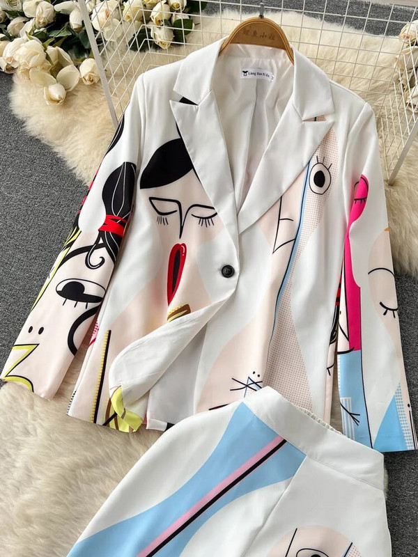 Retro modni dvodijelni sako i hlače s apstraktnim printom Ženska odjeća Profesionalna jakna dugih rukava Hlače Odijela Ženska