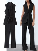 TRAF Elegantni ženski crni sako bez rukava od 2 komada, uredski ženski top bez rukava s remenom + duge hlače visokog struka