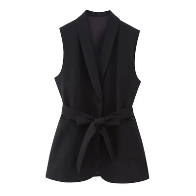 TRAF Elegantni ženski crni sako bez rukava od 2 komada, uredski ženski top bez rukava s remenom + duge hlače visokog struka