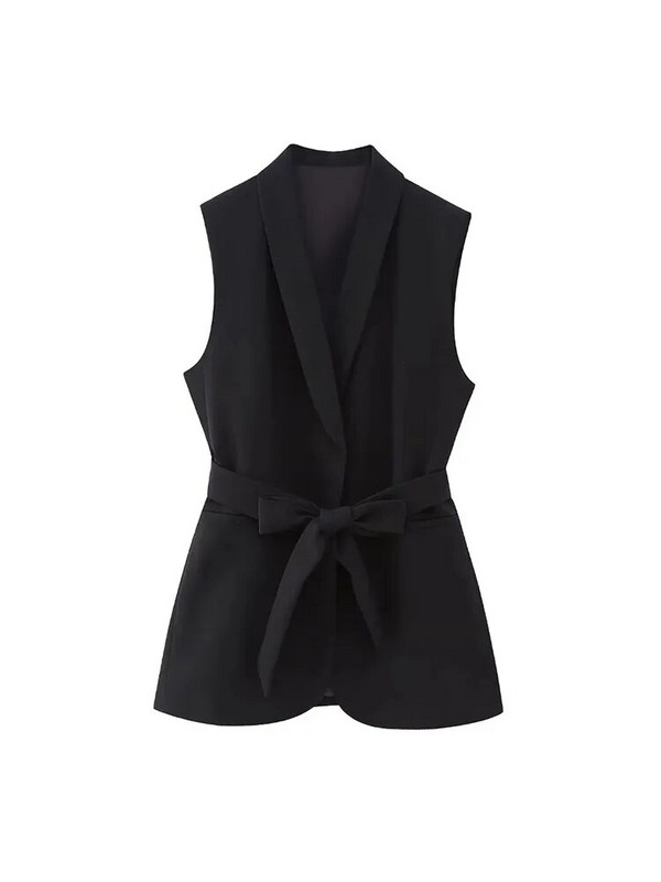 TRAF Elegantni ženski crni sako bez rukava od 2 komada, uredski ženski top bez rukava s remenom + duge hlače visokog struka