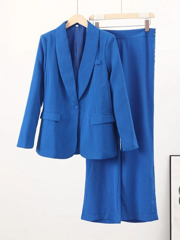 Μπλε παντελόνι Σετ 2 τεμαχίων Γυναικεία 2023 Καλοκαίρι casual μακρυμάνικο μπλέιζερ παλτό τσέπη Παντελόνι κοστούμι Γυναικείο κομψό OL στολή
