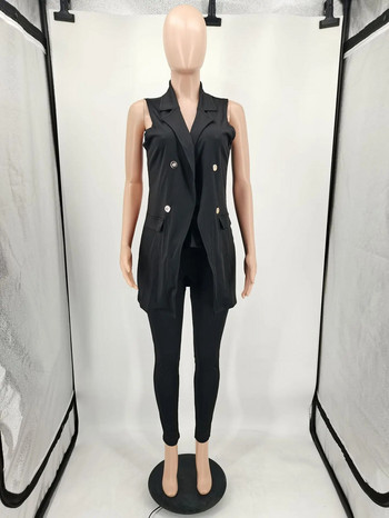 Business Casual Κοστούμια 2 τεμαχίων Κοστούμια Fashion V λαιμόκοψη Αμάνικη ζώνη επάνω Blazer Σετ Μακριά παντελόνια blazer κοστούμια για γυναίκες σετ μαύρο