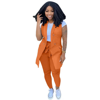 Poslovna ležerna odijela 2-dijelna odijela Modni kompleti sakoa s V izrezom bez rukava s remenom Kompleti sakoa s dugim hlačama Ženski komplet sakoa s dugim hlačama Crni