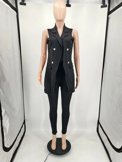 Poslovna ležerna odijela 2-dijelna odijela Modni kompleti sakoa s V izrezom bez rukava s remenom Kompleti sakoa s dugim hlačama Ženski komplet sakoa s dugim hlačama Crni