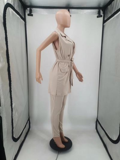 Poslovna ležerna odijela 2-dijelna odijela Modni kompleti sakoa s V izrezom bez rukava s remenom Kompleti sakoa s dugim hlačama Ženski komplet sakoa s dugim hlačama Crni