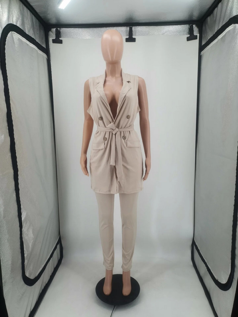 Poslovna ležerna odijela 2-dijelna odijela Modni kompleti sakoa s V izrezom bez rukava s remenom Kompleti sakoa s dugim hlačama Ženski komplet sakoa s dugim hlačama Crni