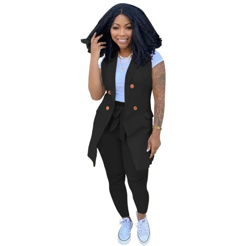 Poslovna ležerna odijela 2-dijelna odijela Modni kompleti sakoa s V izrezom bez rukava s remenom Kompleti sakoa s dugim hlačama Ženski komplet sakoa s dugim hlačama Crni