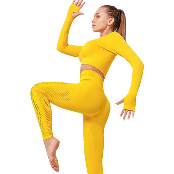 Дамски безшевен комплект за йога Фитнес облекло Клинове за тренировка Спортен костюм Дамски безшевен фитнес костюм с дълъг ръкав и висока талия Спортно облекло