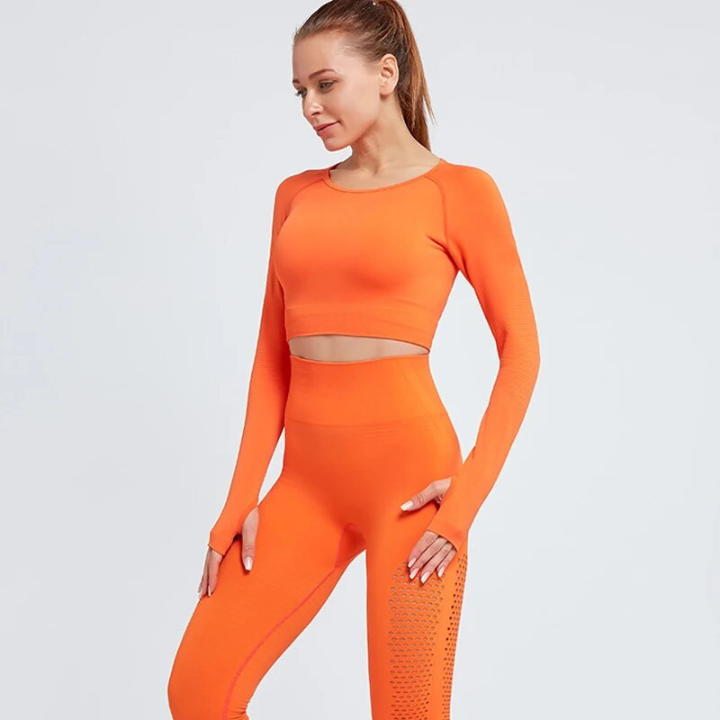 Ženski bešavni joga set Odjeća za teretanu Tajice za vježbanje Sportsko odijelo Žensko bešavno odijelo dugih rukava visokog struka za fitnes Sportska odjeća