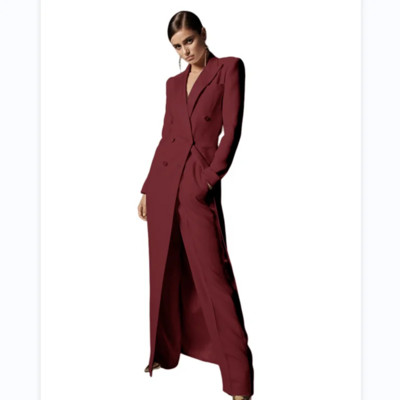 Komplet ženskih sakoa od 2 komada Elegantni dugi kaput s dvokopčanim kopčanjem Ženski uski sako za zabavu Hlače za putovanje na posao Elegantni visoki sako