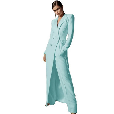 Komplet ženskih sakoa od 2 komada Elegantni dugi kaput s dvokopčanim kopčanjem Ženski uski sako za zabavu Hlače za putovanje na posao Elegantni visoki sako