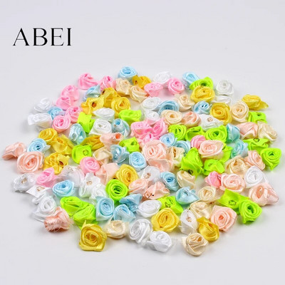300db 15mm Mix Color kis rózsa virág mini kézzel készített szatén szalag rózsafej esküvői scrapbooking dekoráció ruha kiegészítők