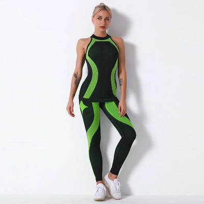 Sieviešu bezšuvju 2gab Jogas komplekts Sporta tērps Elastīgs treniņu Apģērbs Vingrošanas zāle Crop Top Augsts viduklis Skriešanas Legingi Fitnesa Sporta Apģērbs