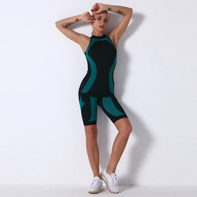 Sieviešu bezšuvju 2gab Jogas komplekts Sporta tērps Elastīgs treniņu Apģērbs Vingrošanas zāle Crop Top Augsts viduklis Skriešanas Legingi Fitnesa Sporta Apģērbs