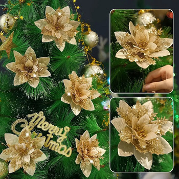 Χριστουγεννιάτικα γκλίτερ τεχνητά λουλούδια Floral μεταξωτό ψεύτικο λουλούδι με κλιπ για χριστουγεννιάτικα στολίδια που κρέμονται από δέντρο Πρωτοχρονιάτικο Δώρο Διακόσμηση σπιτιού