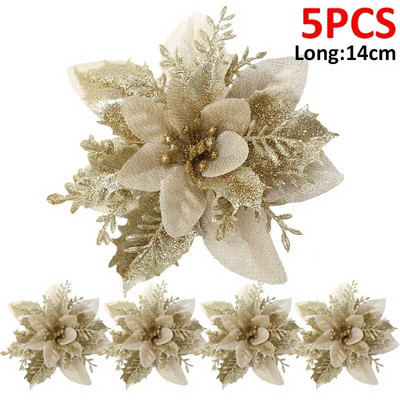 Jõulud Glitter kunstlilled Lilleline siidist võltslill klambritega jõulupuu rippuvate kaunistuste jaoks, uusaasta kingitus kodukaunistuseks